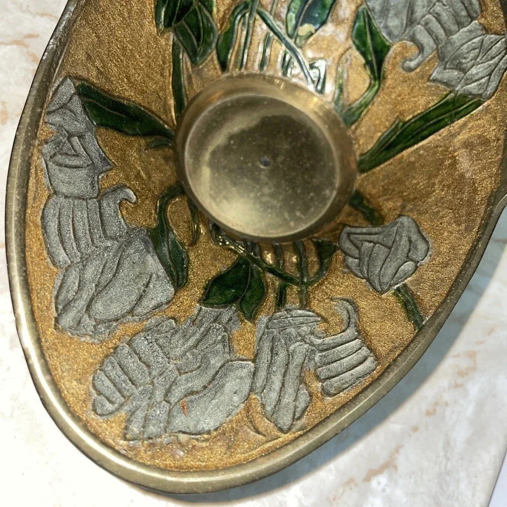 Rare Vintage‎ Brass &Enamel Cloisonne handled trinket bowl BEAUTIFUL